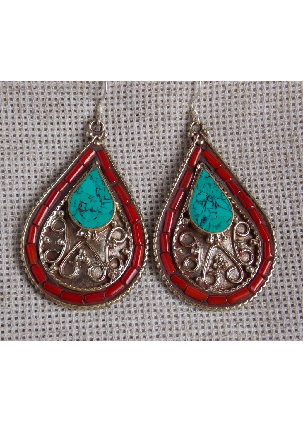 Мельхиоровые непальские серьги восточные в форме капли с бирюзой и кораллом No Brand (364202259)