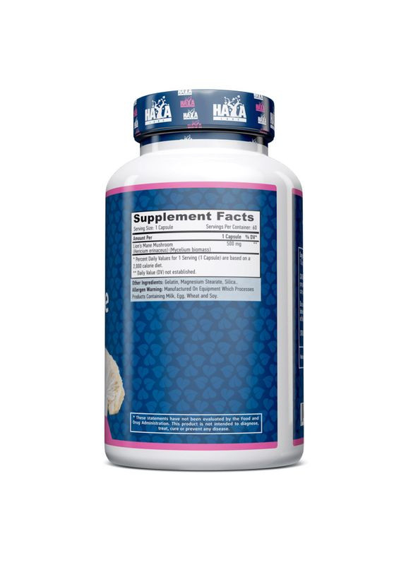 Натуральна добавка Lion's Mane Mushroom 500 mg, 60 капсул Haya Labs (334706922)