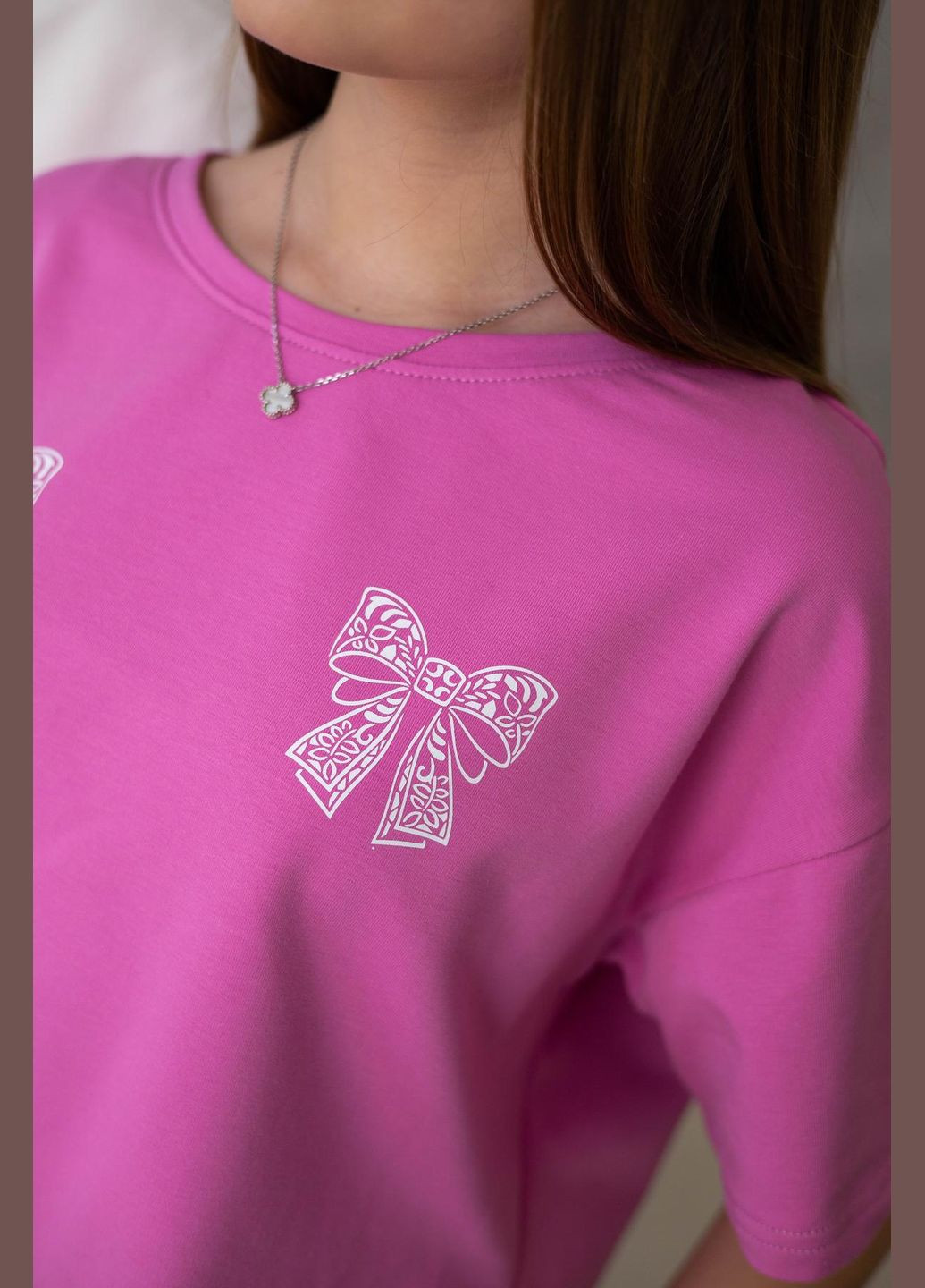 Рожевий літній комплект "бантики" з рожевою футболкою брючний IRmAS оверсайз