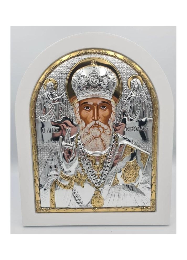 Ікона Миколай Чудотворець 20х25см аркової форми на білому дереві Silver Axion (265446005)