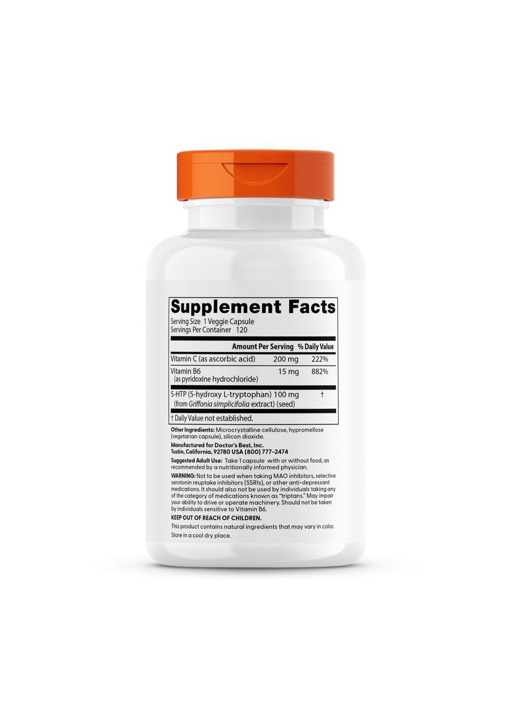 5-НТР, 5-гідрокси L-триптофан, посилений вітамінами B6 та C,, 120 веганських капсул Doctor's Best (322284598)