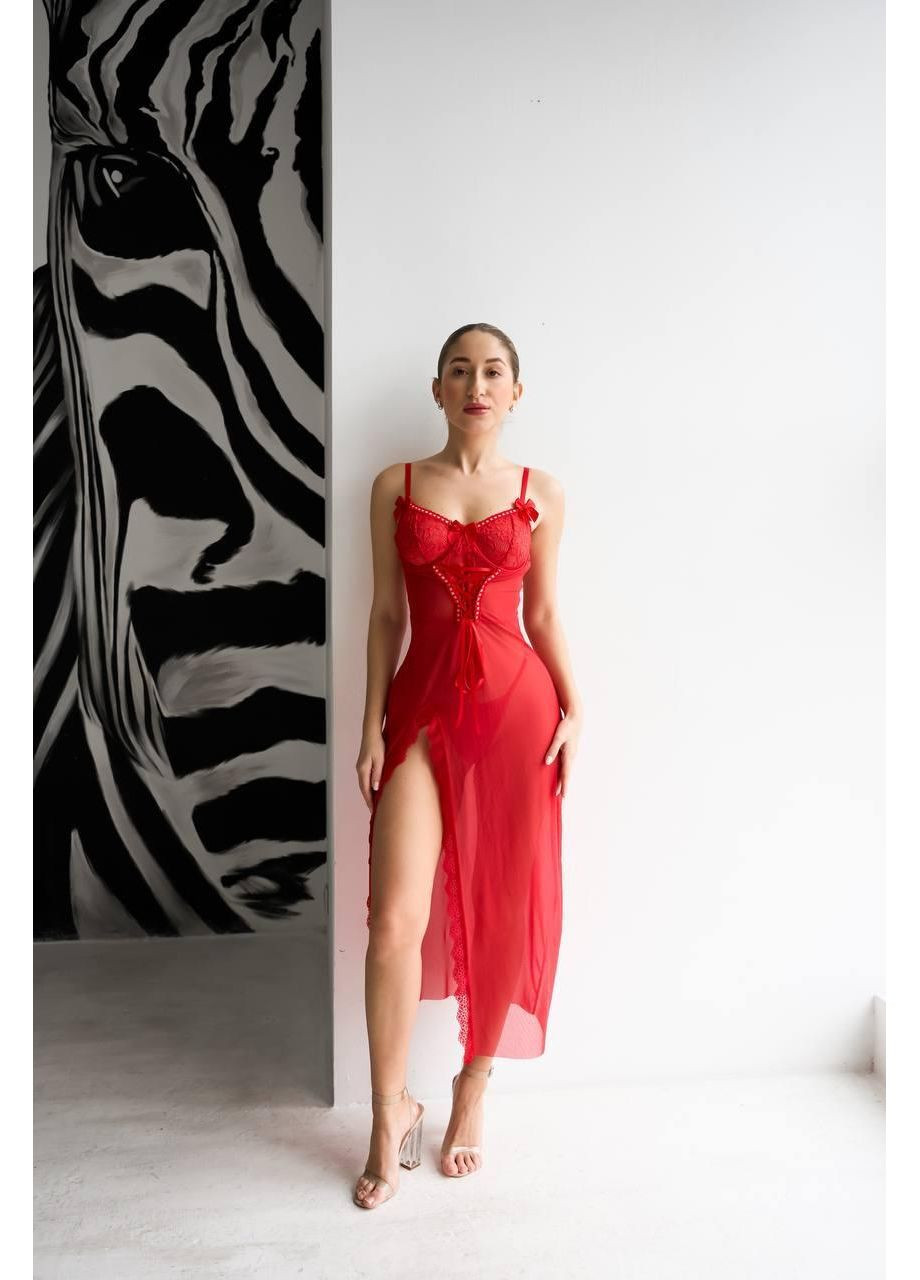 Пеньюар довгий + трусики, мереживо, розріз спереду / Комплект: червоний довгий пеньюар та трусики, прозорий, святковий, е No Brand (366571639)