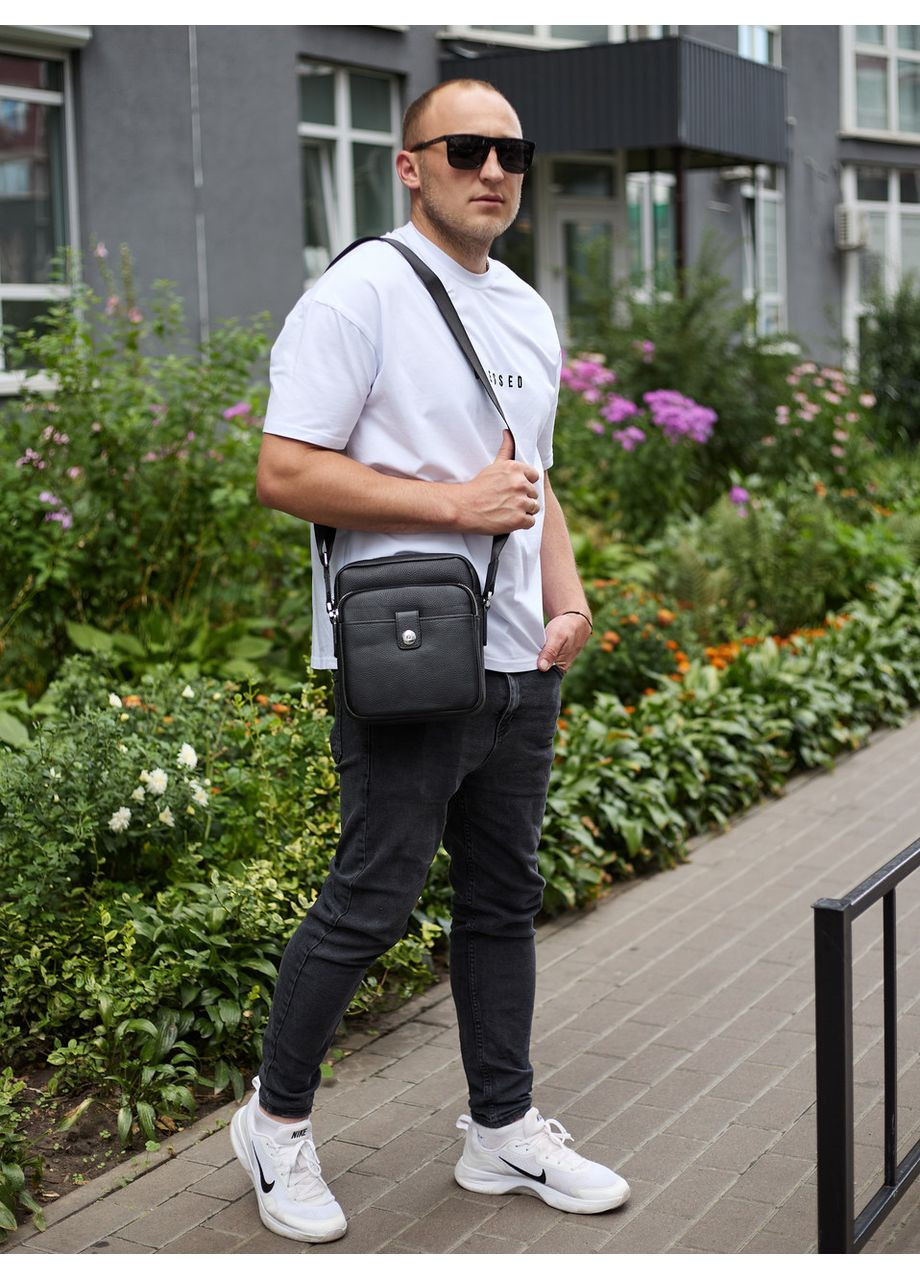 Чоловіча шкіряна універсальна сумка 24х20х8, барсетка зі шкіри, сумочка для чоловіків з регулюванням ручки, чорна No Brand (359380796)