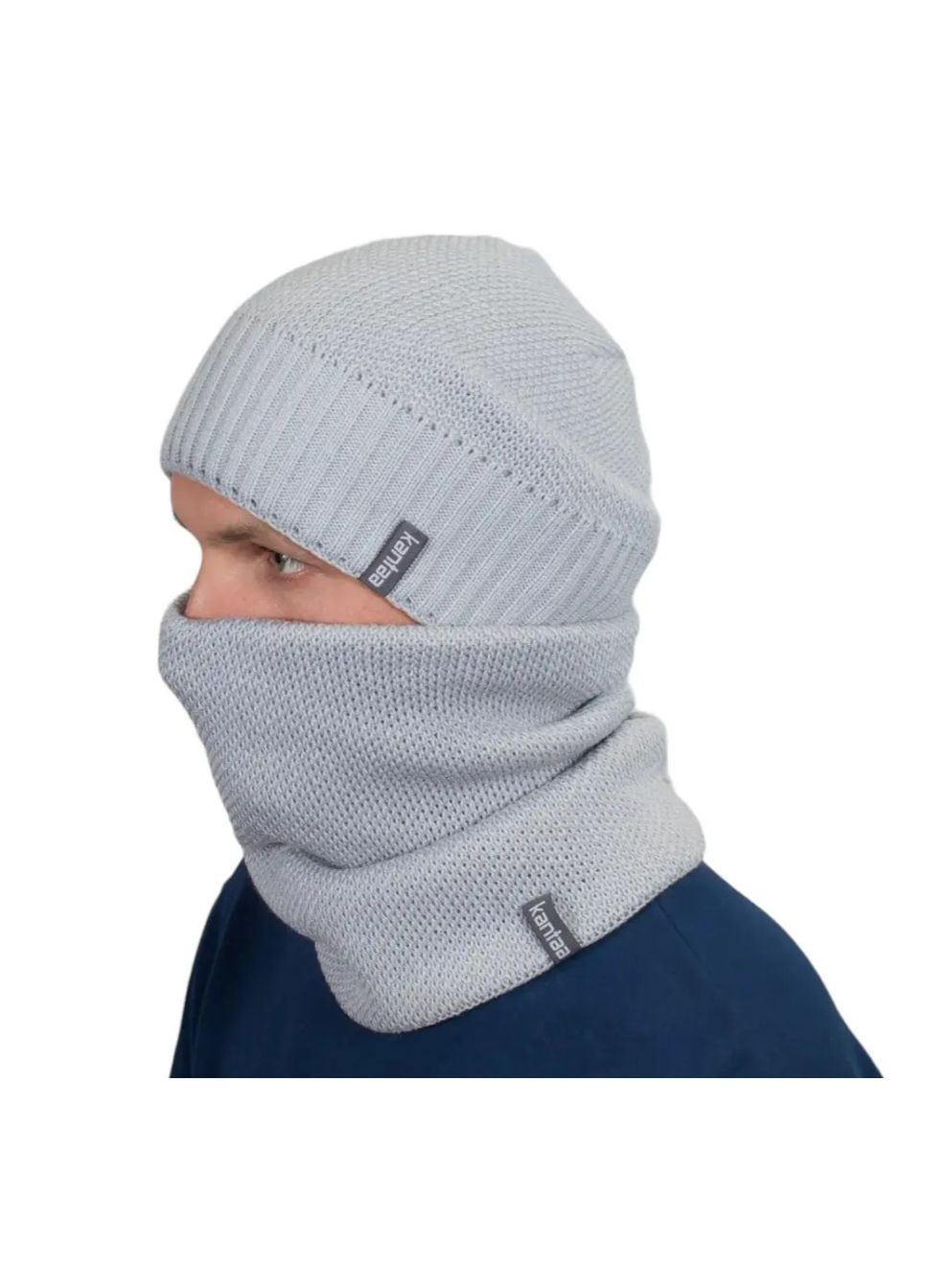 Мужской зимний комплект шапка с хомутом серый, вязаный набор One Size из акрила на флисовой подкладке No Brand (363052200)