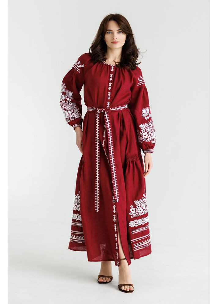 Бордовая платье-вышиванка женское из льняного полотна (fm2925) Folk Moda (366873379)