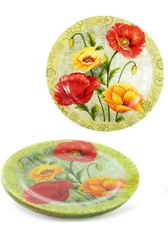 Набір 6 скляних тарілок "Маки" Ø25см, обідні тарілки Bona (330017264)