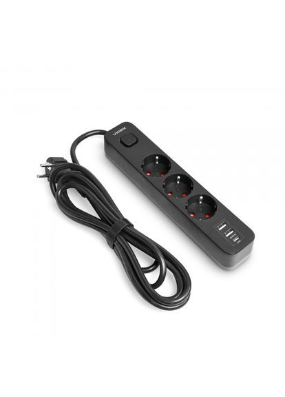 Сетевой удлинитель ONCORD с/с 3п 3м (3x1.5мм) 2.4А 2USB+USBC с кнопкой Black (VF-PD33G2U1C-B) Videx (305755269)