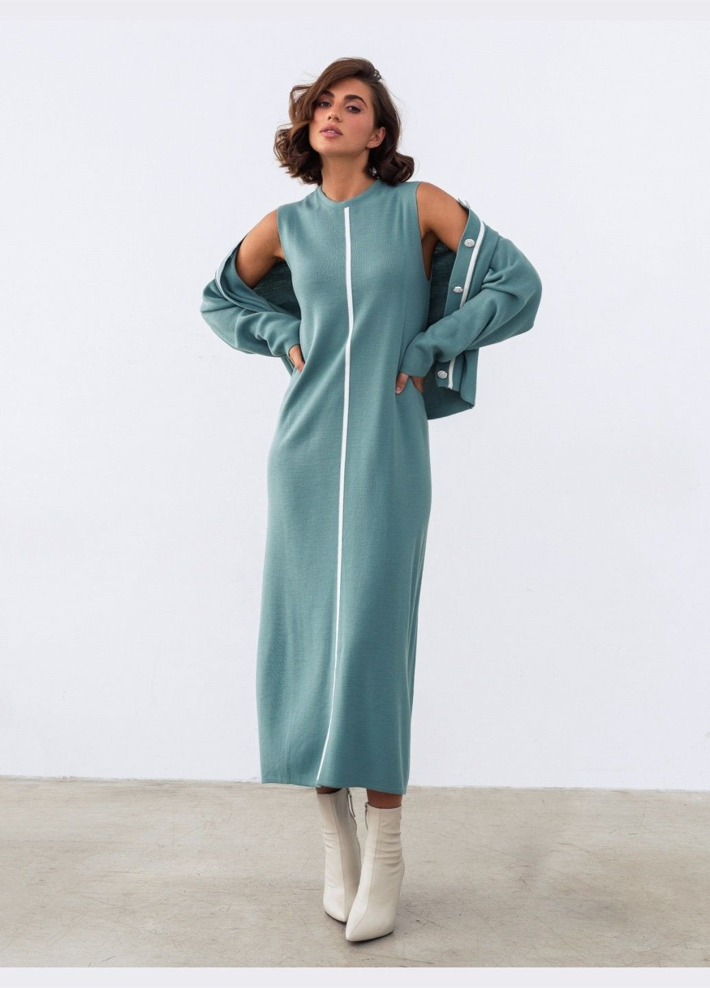 бирюзовый вязаный костюм с платьем-миди Dressa (304836386)