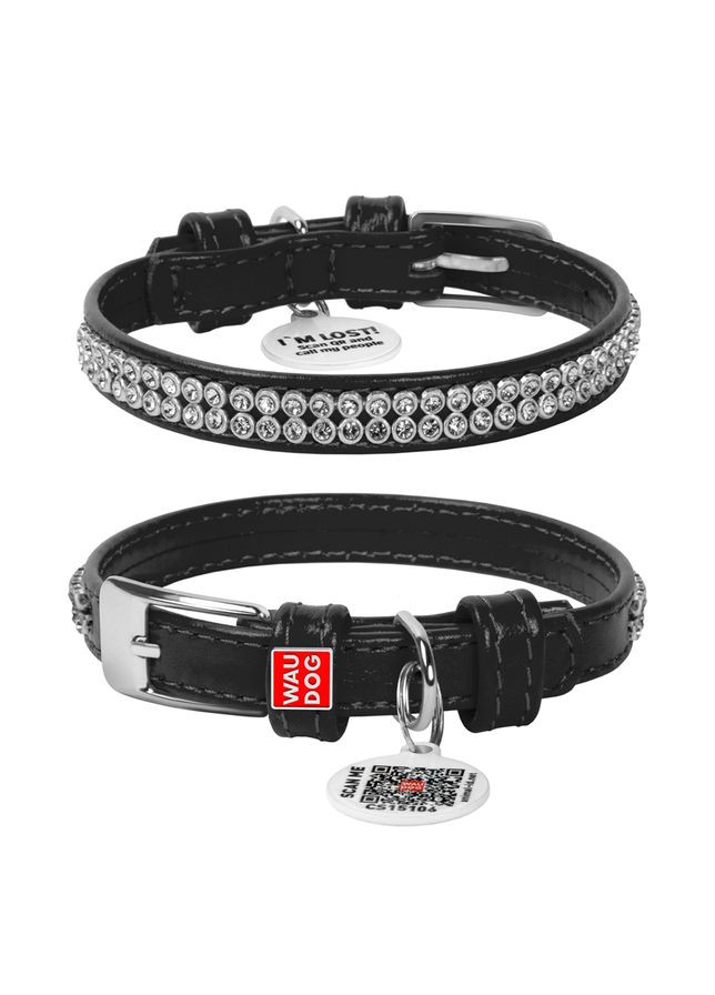 Нашийник для собак шкіряний Glamour з QR паспортом, з прикрасою "Полотно стрази", XXS, Ш 9 мм, Дов 19-25 см чорний WAUDOG (322001718)