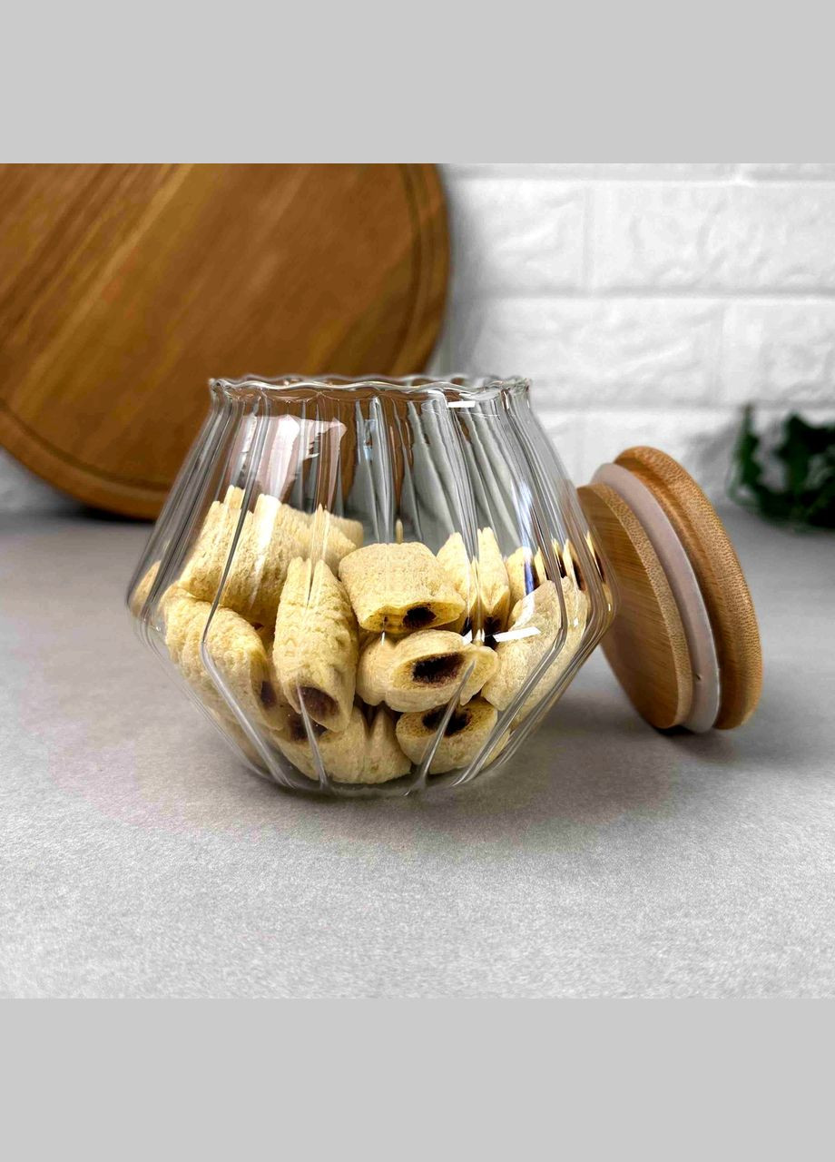 Скляна кругла банка з бамбуковою кришкою 600 мл та з кільцем на кришці Wave Hell (303210026)
