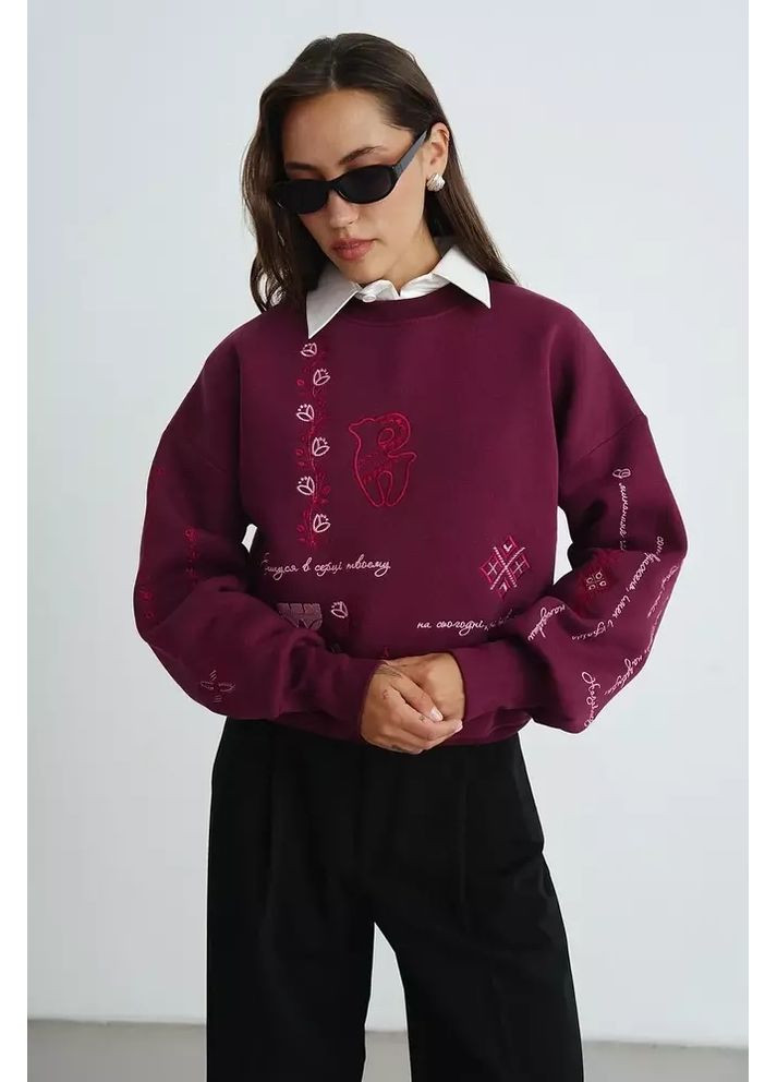 Бордовый женский утеплённый свитшот с украинскими орнаментами mkrm4288 Rica Mare (362575380)