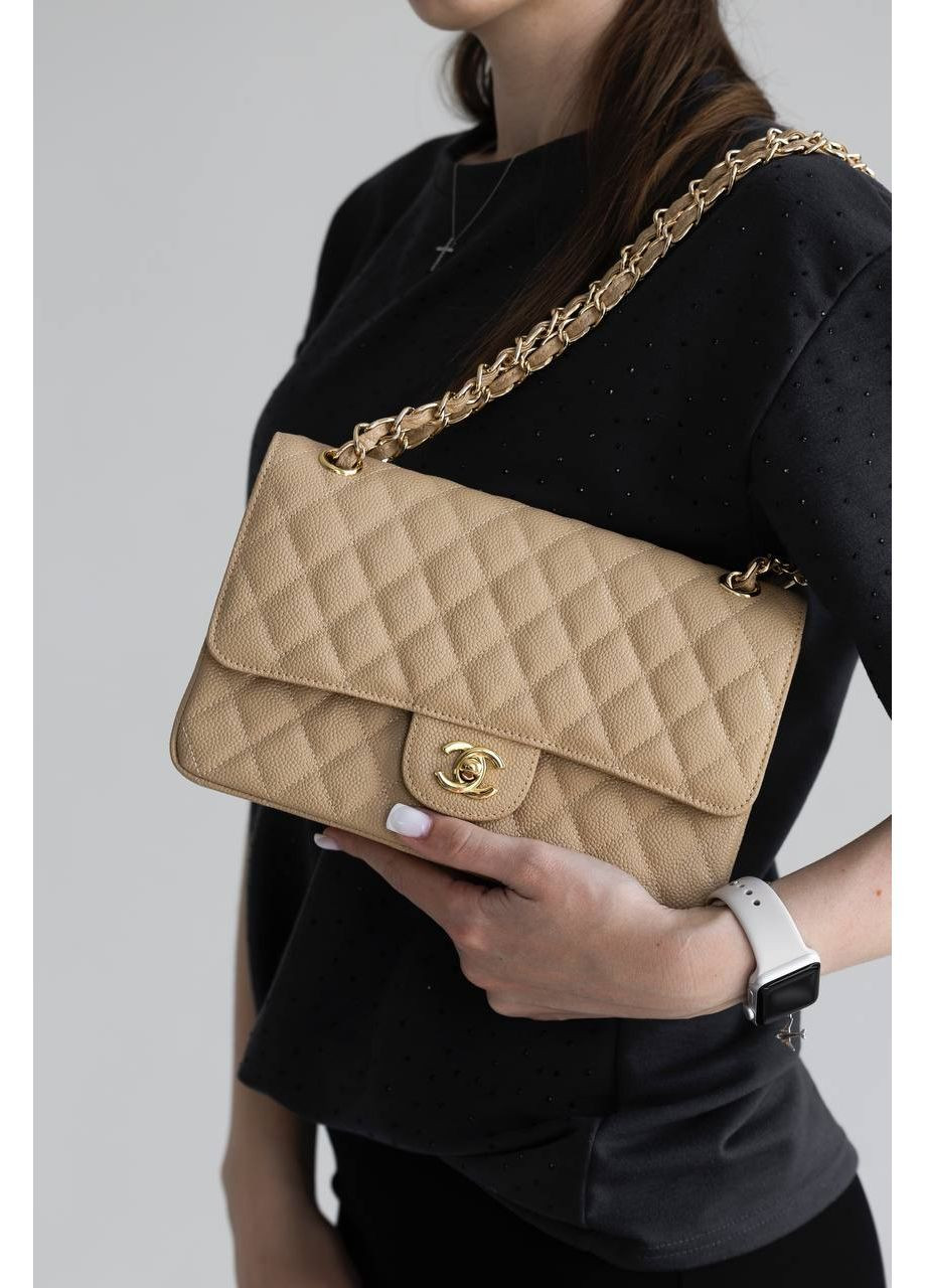 Шкіряна жіноча сумка класична Chanel Classic 2.55 Medium Double Flap in Beige/Gold бежева No Brand (369653491)