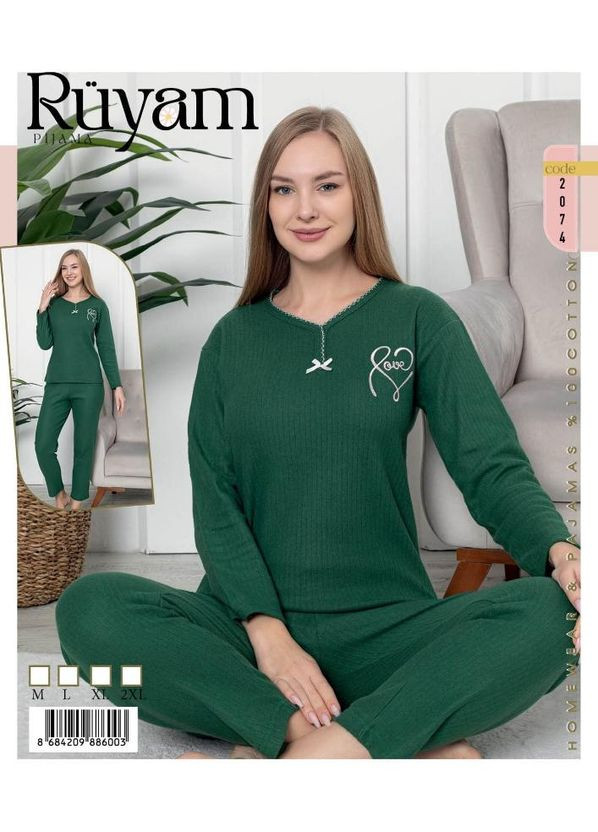 Зеленая всесезон женская пижама интерлок кашемир лонгслив + брюки No Brand