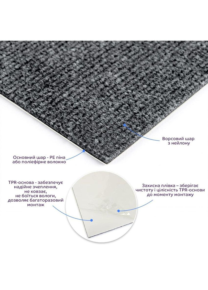 Плитка ковролінова з TPR основою багаторазова темно-сіра 300х300х4мм SW-00002801 Sticker Wall (353968229)