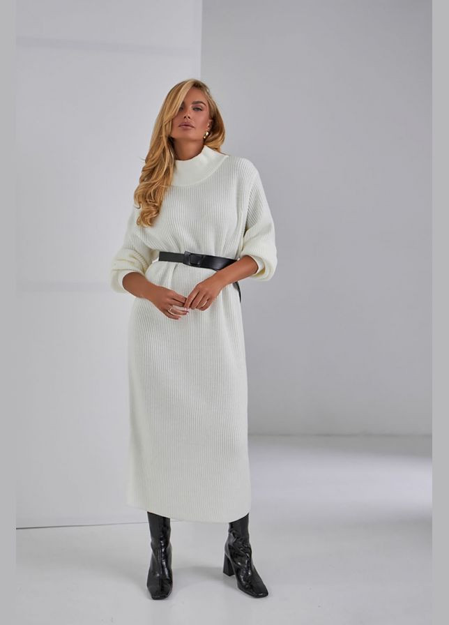 Молочное повседневный теплое вязаное платье из полушерстяной пряжи с воротником "хомут" (2534) Triko Bakh