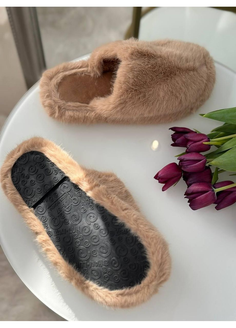Жіночі пухнасті тапочки / Жіночі теплі капці із штучного хутра мокко / Жіночі м’які домашні тапки кольору мокко No Brand (367102221)