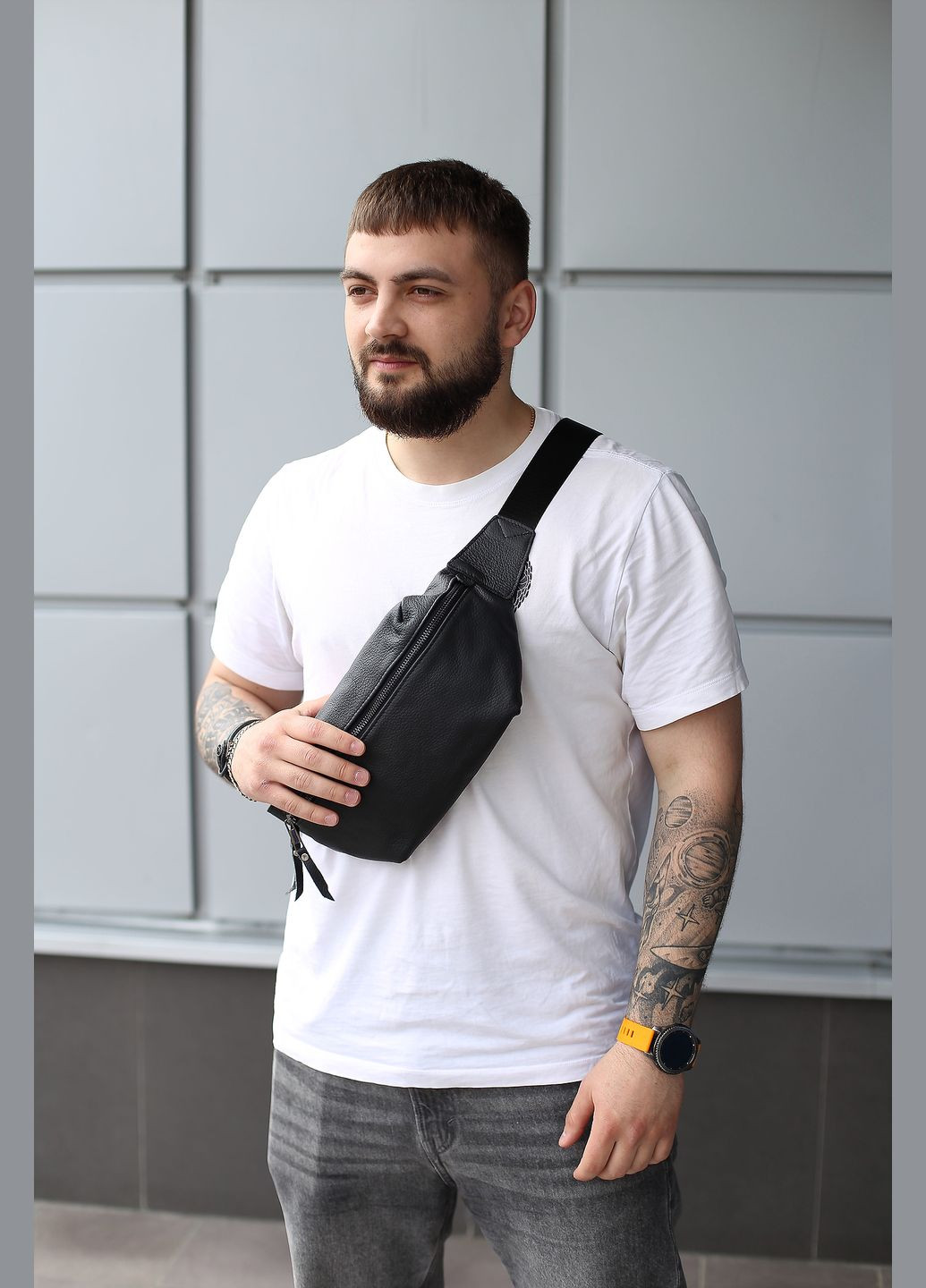 Сумка чоловіча бананка із натуральної шкіри чорна SKILL (297869016)