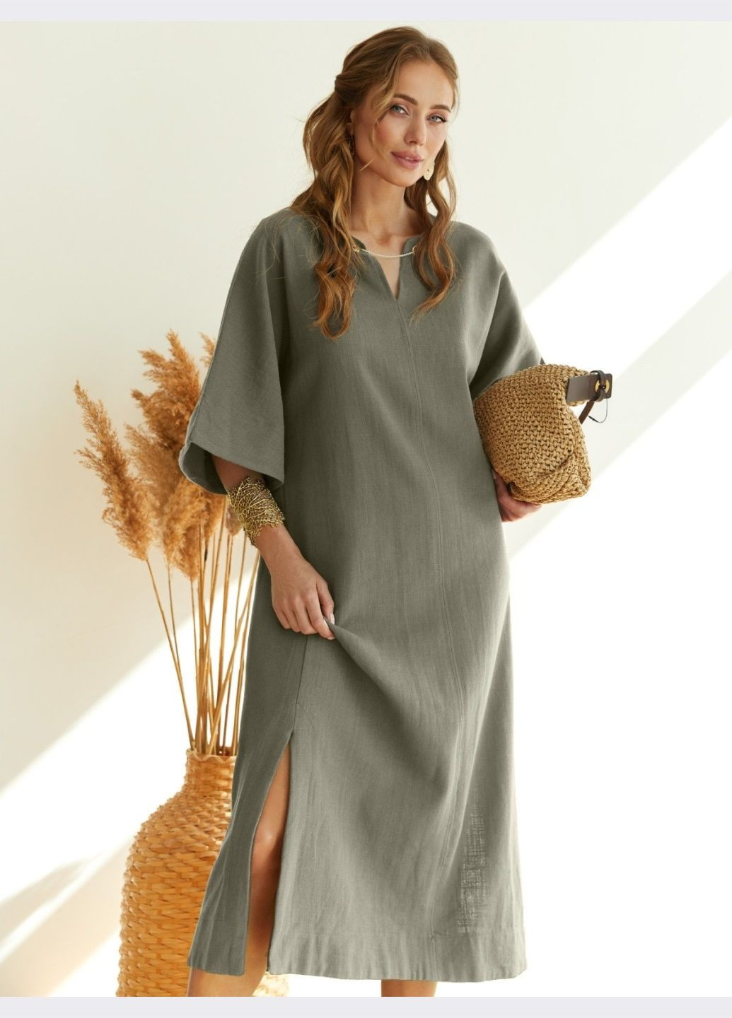 Оливковое (хаки) кэжуал хлопковое платье свободного кроя цвета хаки а-силуэт Dressa однотонное