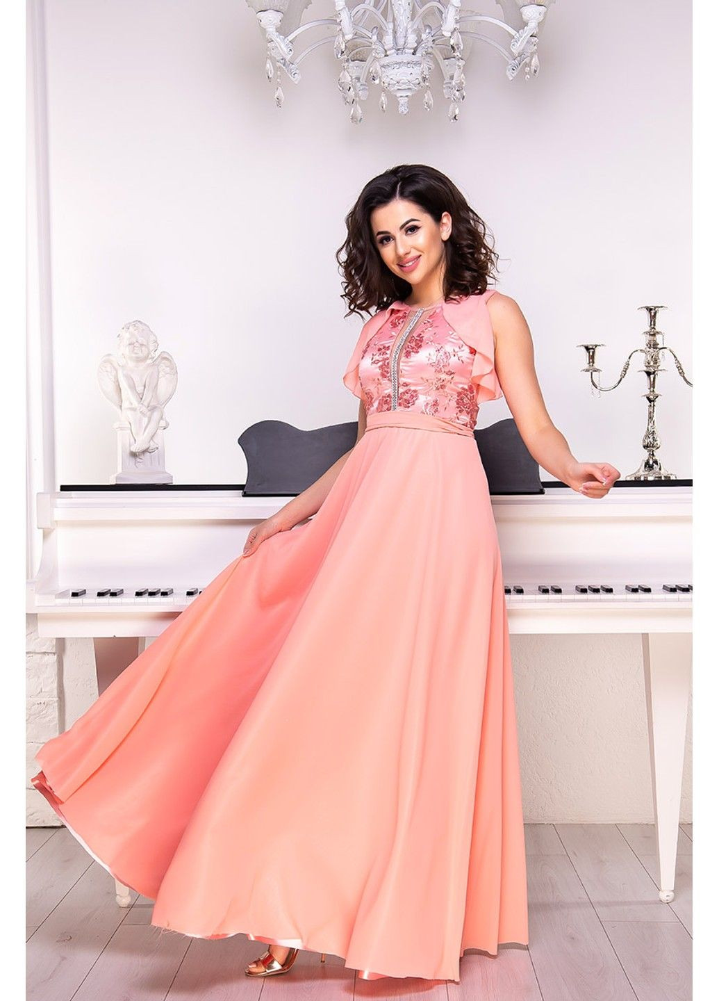 Персикова вечірня сукня атлас шифон 9076 рожева Tanita-Romario