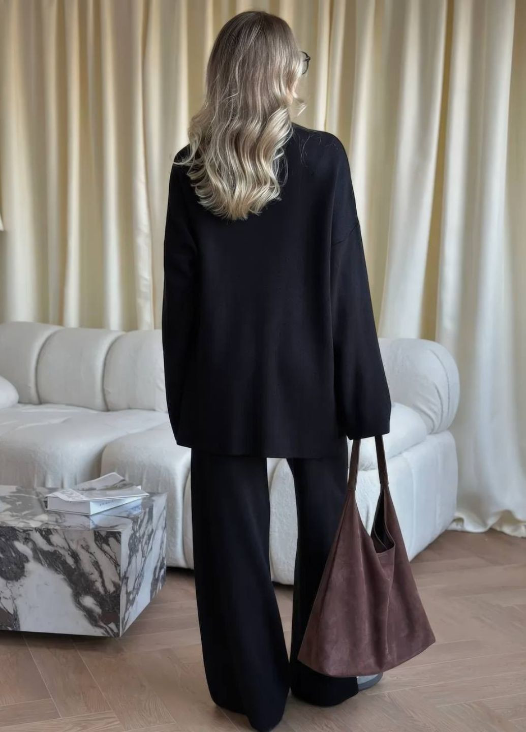 Изысканный повседневный демисезонный свободный костюм двойка: кофта с асимметричным передом + штаны палаццо Tik-Tak (365656418)