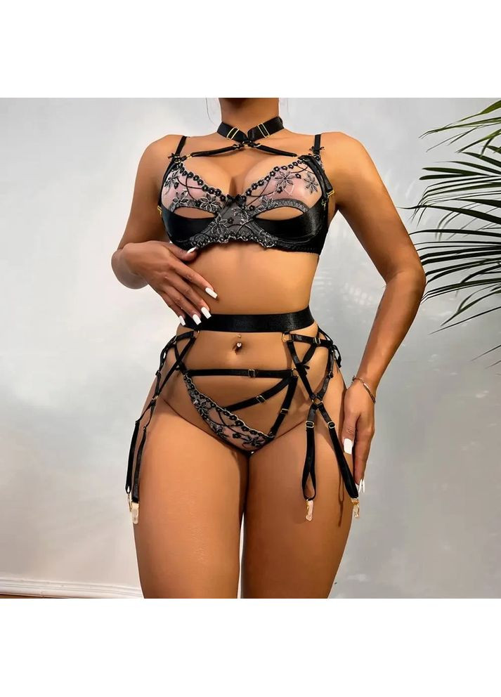 Чорний демісезонний мереживний комплект із поясом. мереживну спідню білизну. сексуальна прозора жіноча спідня білизна для інтиму xl, China
