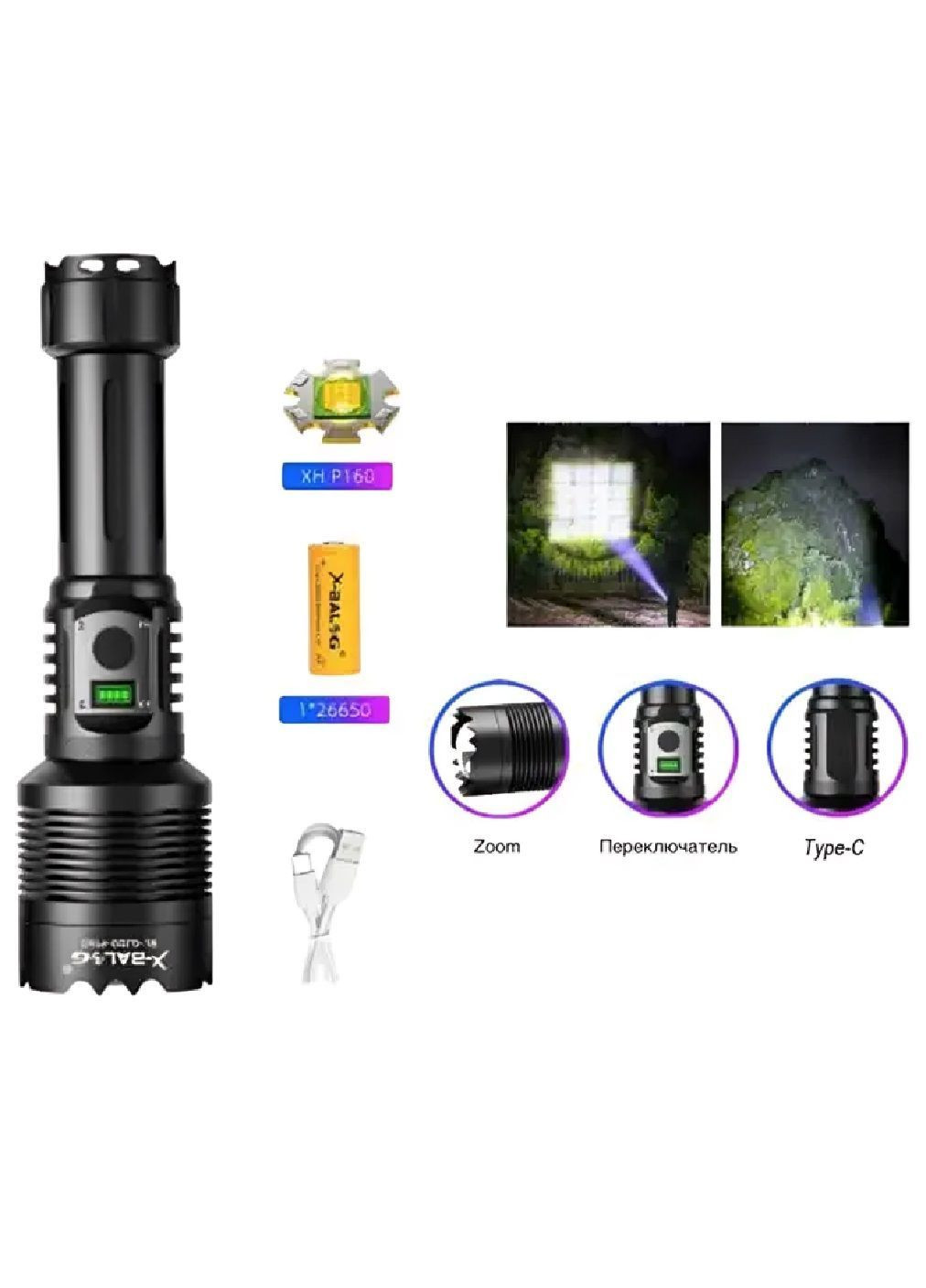 Ліхтарик ручний акумуляторний ударостійкий водонепроникний з функцією power bank фокусуванням 3 режими роботи (482271-Prob) Unbranded (372863076)