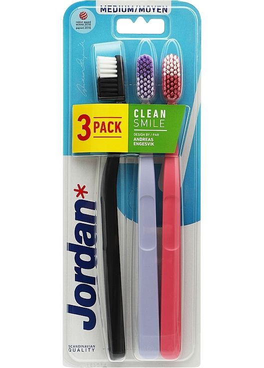 Зубна щітка, середня, чорна + бузкова + коралова Clean Smile Medium 3шт (1164504-32961077) Jordan (368650027)
