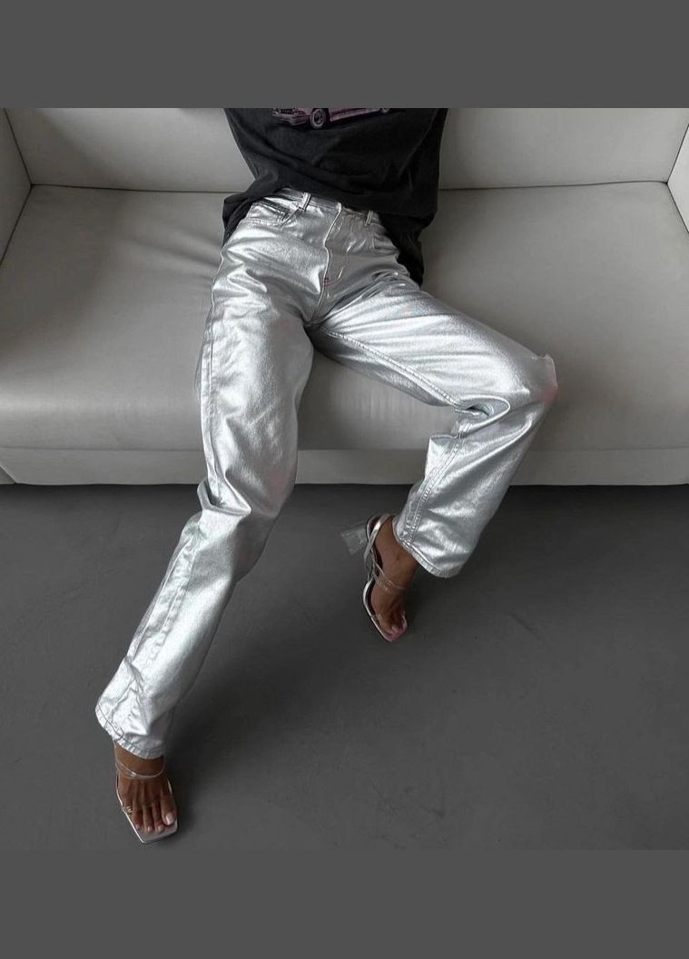 Шикарні яскраві штани з еко-шкіри, довгі штани на високій посадці в кольорі металік (срібло) No Brand 399 (282477126)