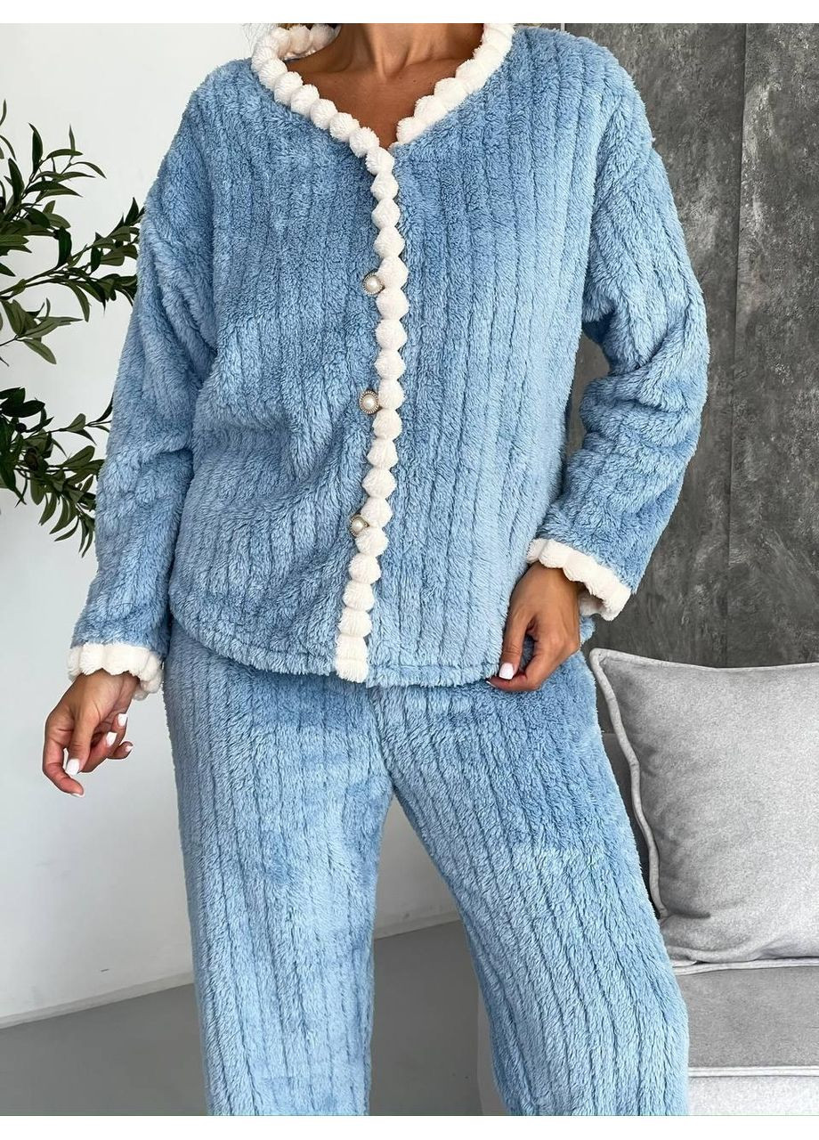 Голубая зимняя домашний плюшевый костюм "небесная нежность" / женский теплый костюм для дома / плюшевый комплект с помпонами No Brand