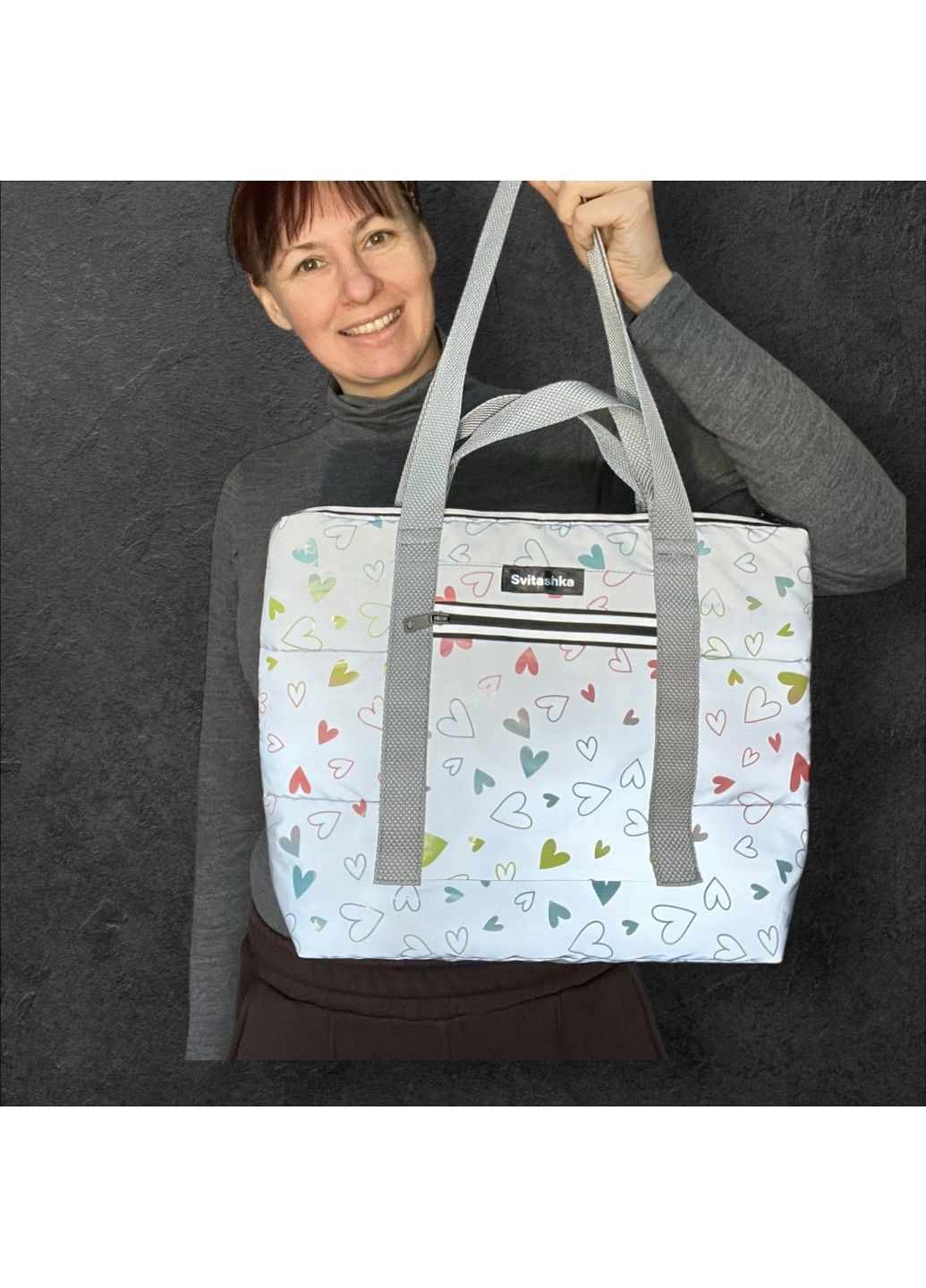 Сумка-шопер Svitashka светоотражающая Неоновое Сердце серые ручки на молнии No Brand (315933098)