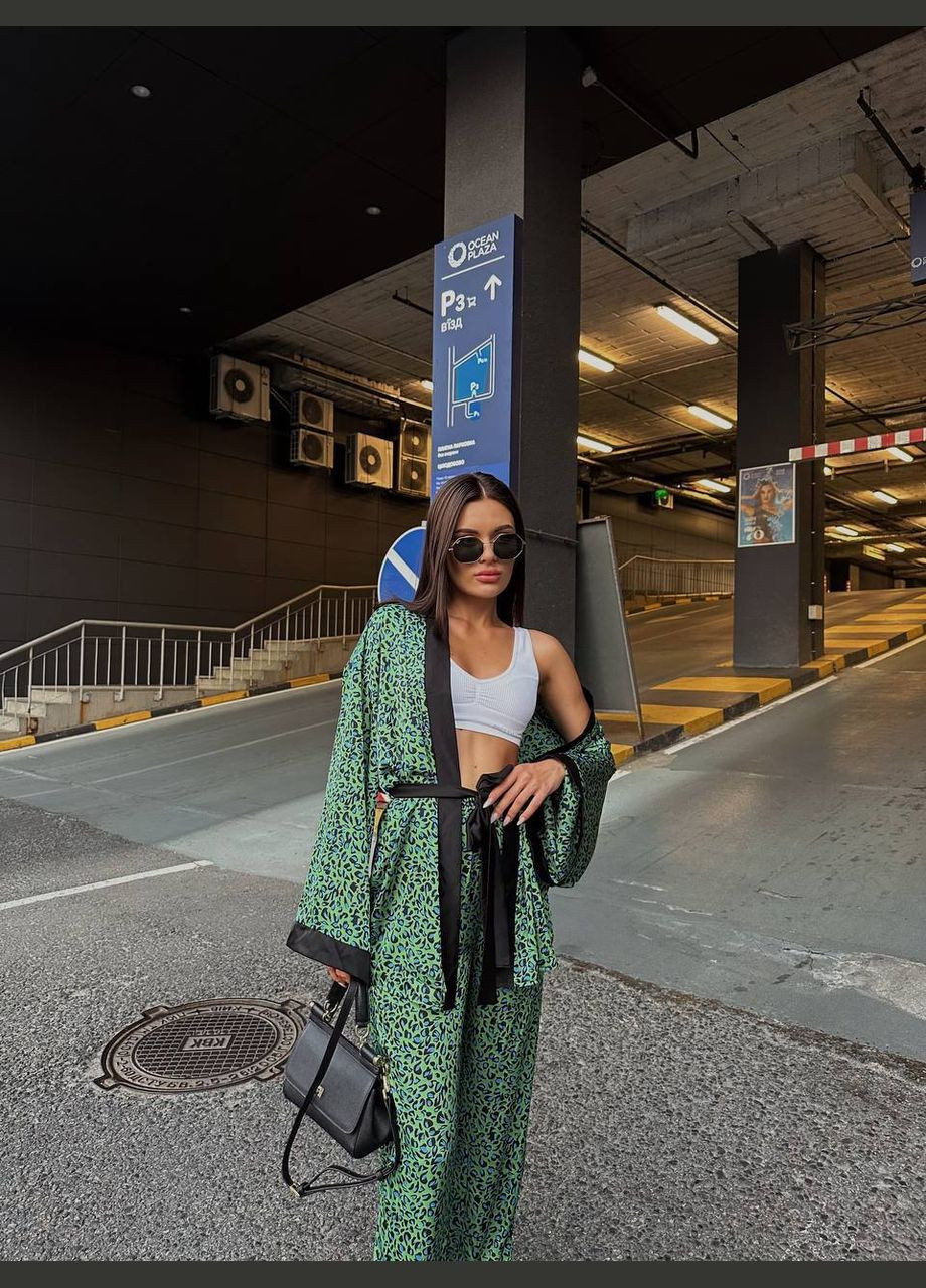 Жіночий костюм двійка: кімоно на запах та брюки зі штучного шовку MonCher (334676369)