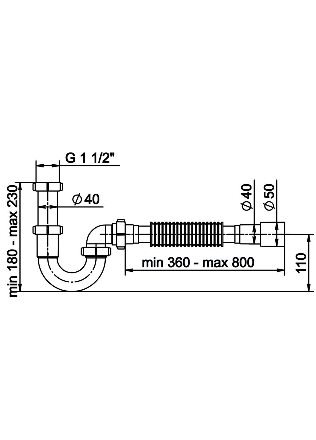 Сифон 1 1/2″*40 для умив. та мийки без випуску прямоточний з гофротрубою 40*40/50 OPTI-10043 optimum (369502730)