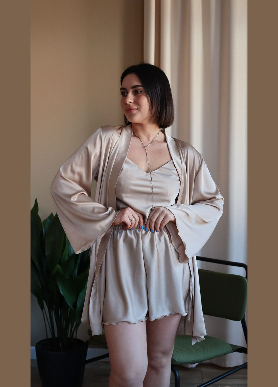 Бежевая всесезон пижама женская майка и шорты из шелка армани капучно Maybel