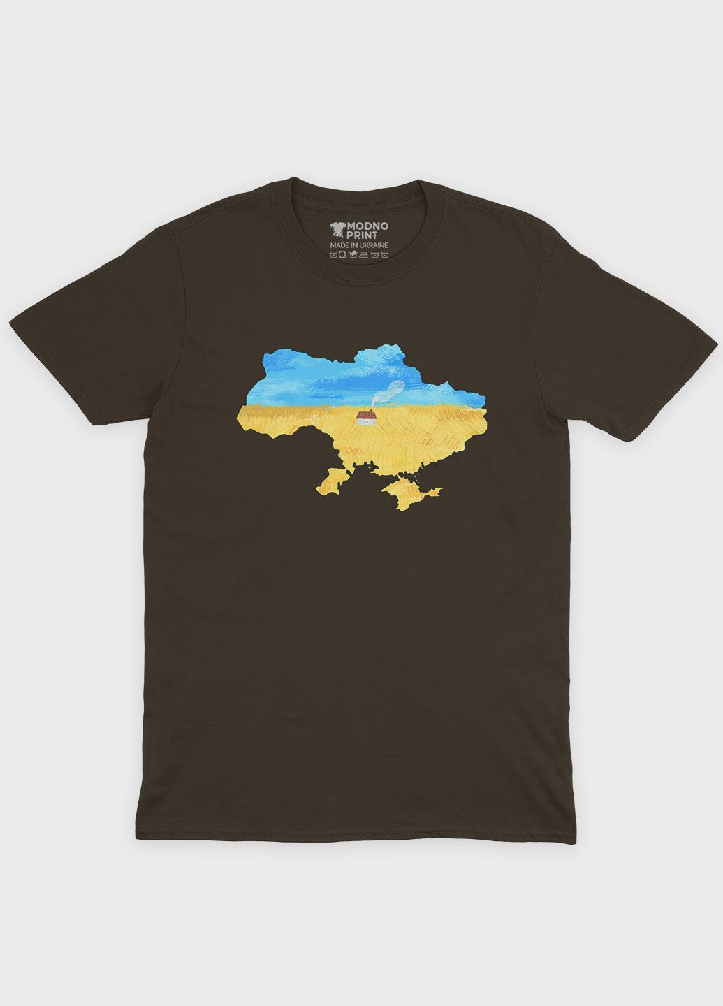Коричневая летняя женская футболка с патриотическим принтом карта украины (ts001-1-dch-005-1-006-f) Modno
