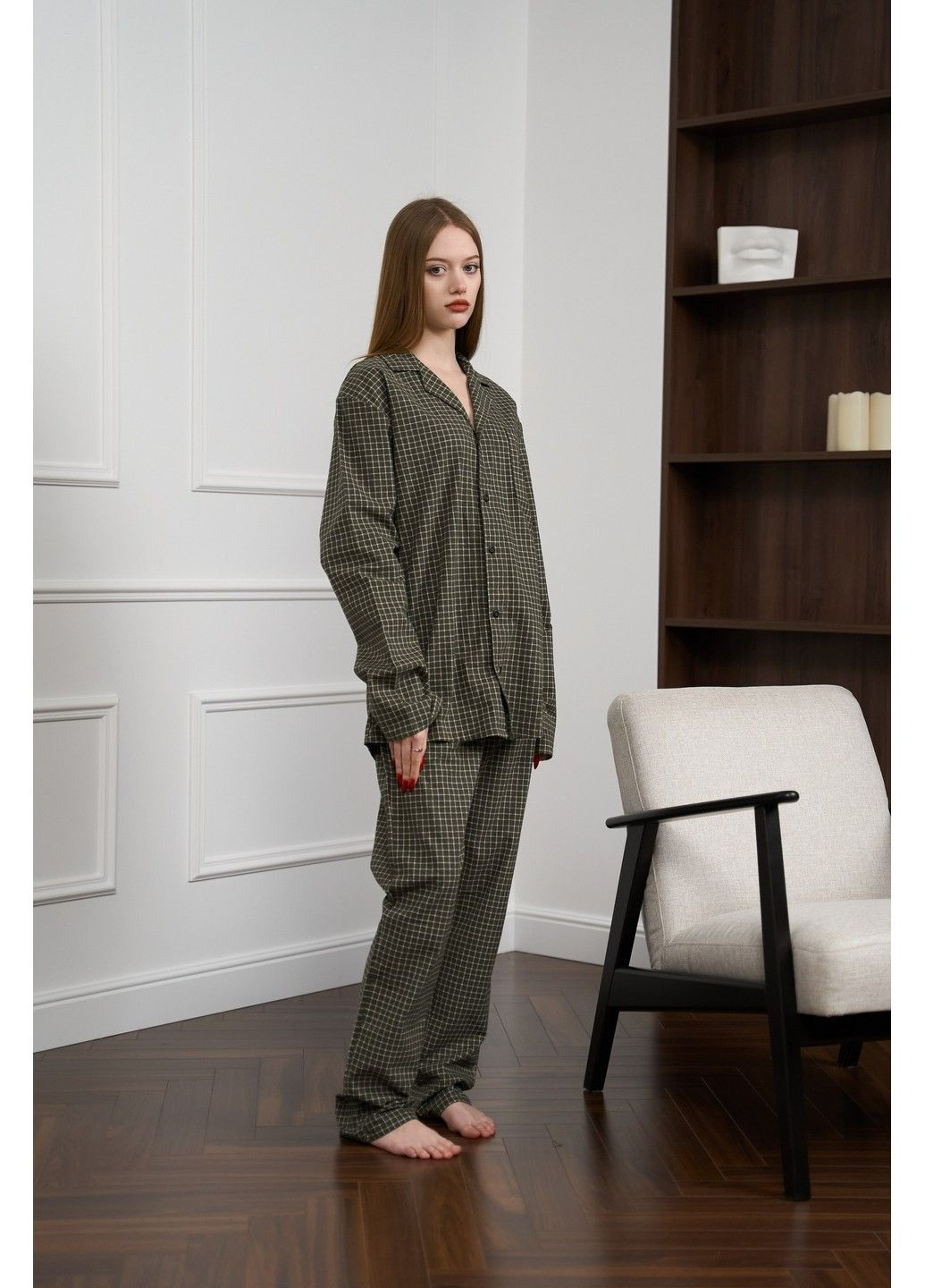 Оливкова піжама жіноча в клітинку фланель soft оливка сорочка + брюки Handy Wear