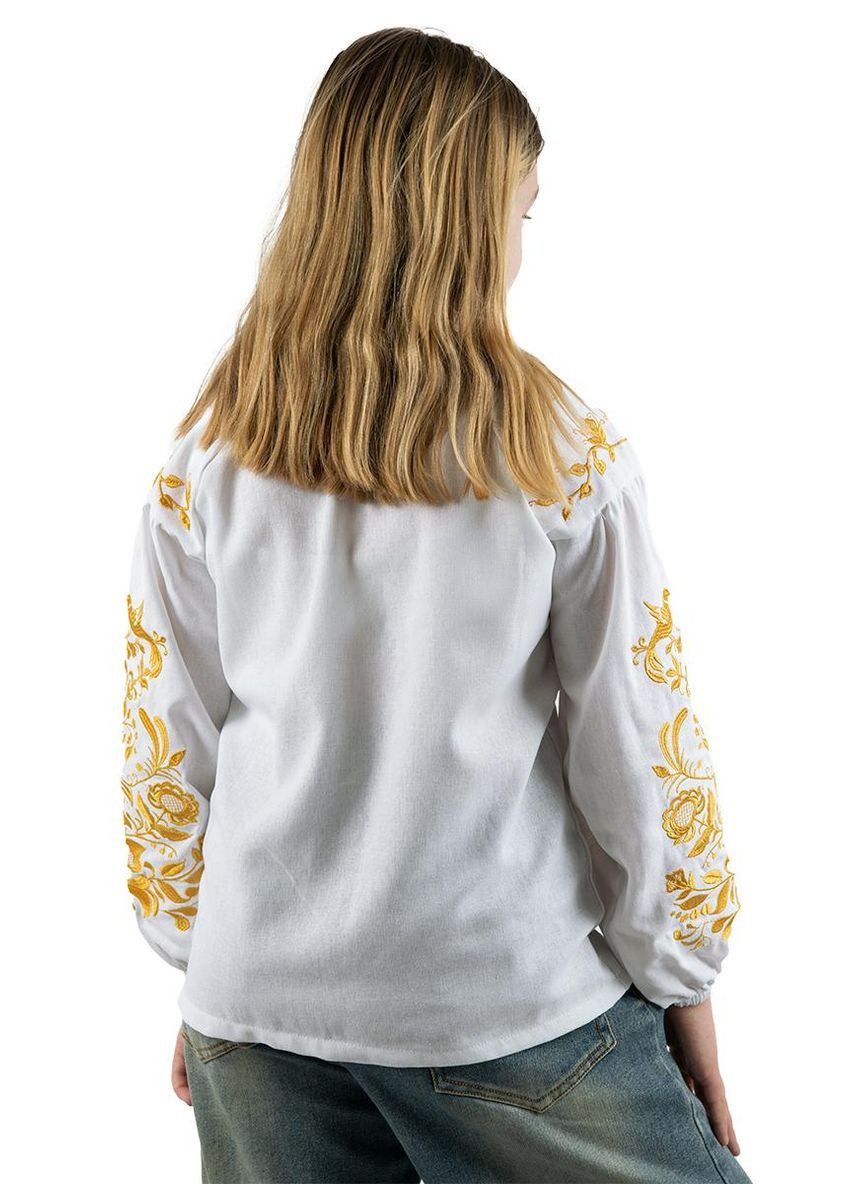Белая вышивка блузка осуществление мечтаний льняная для девочки с золотистой вышивкой Україна лен (322055103)