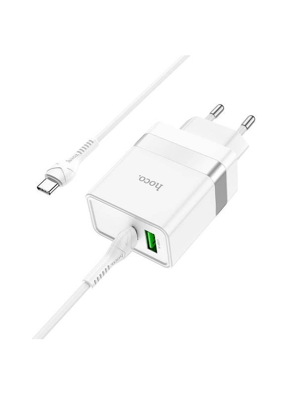 Зарядний пристрій для телефону із швидкою зарядкою PD/QC3.0 + кабель Type-C N21 |1USB/1Type-C, PD/QC, 3A/30W| Білий Hoco (337350665)