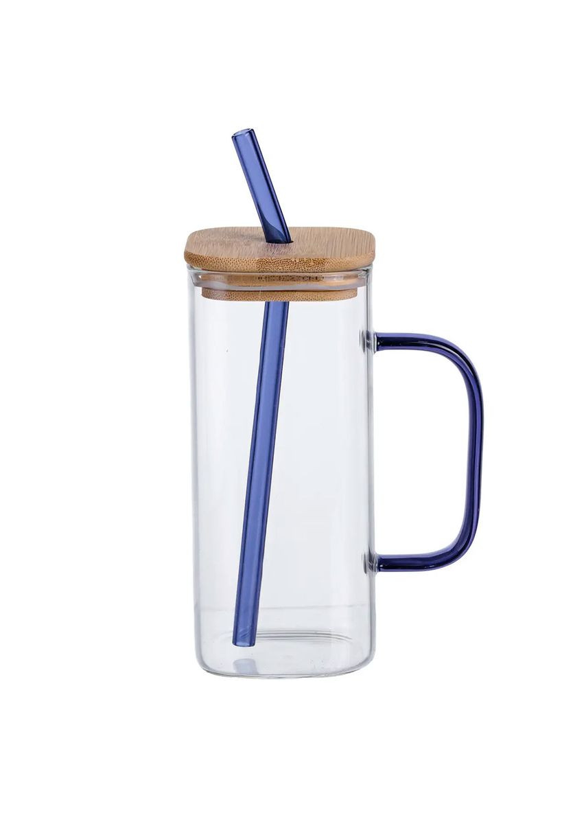 Чашка скляна 400 мл з бамбуковою кришкою та скляною трубочкою, синій Yiwu (369798000)