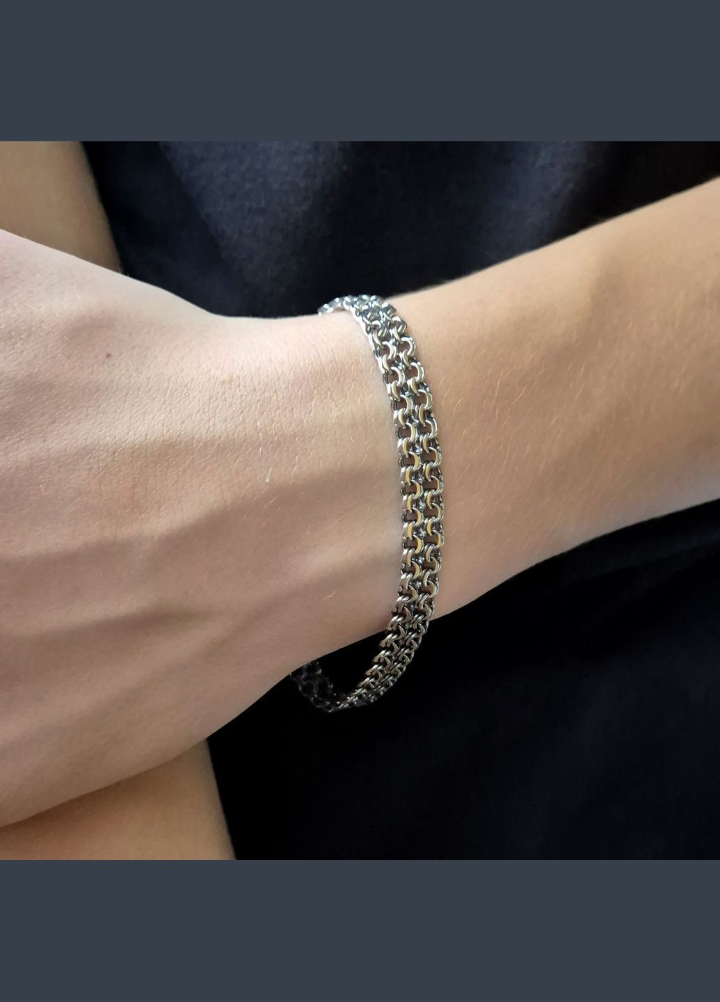 Серебряный черненный браслет Двойной Бисмарк 21.5 см 9 мм серебро 925 пробы Черненное 60410 11.40г Nobrand (363969111)