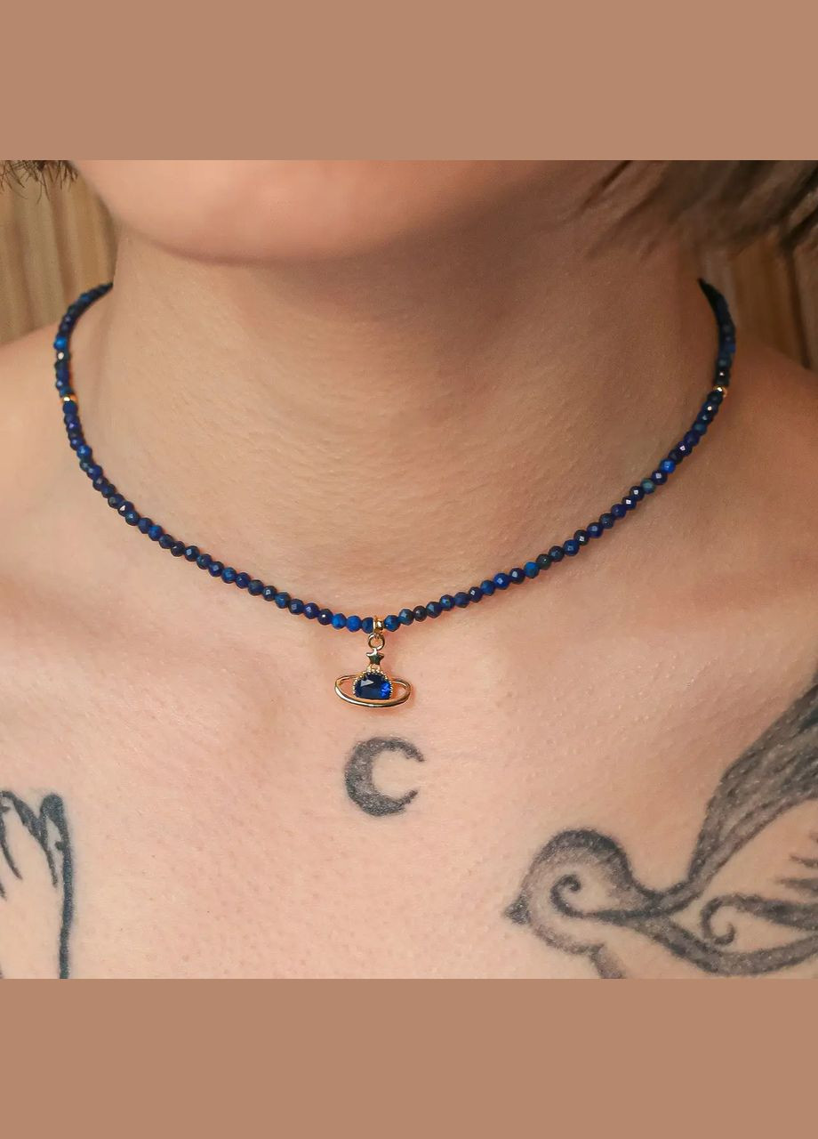 Чокер натуральний камінь Лазурит+підвіска Планета (колір золото), d-3мм+- L-40-45см Фурнітура гіпоалерген No Brand лазурит латунь золото (301086695)