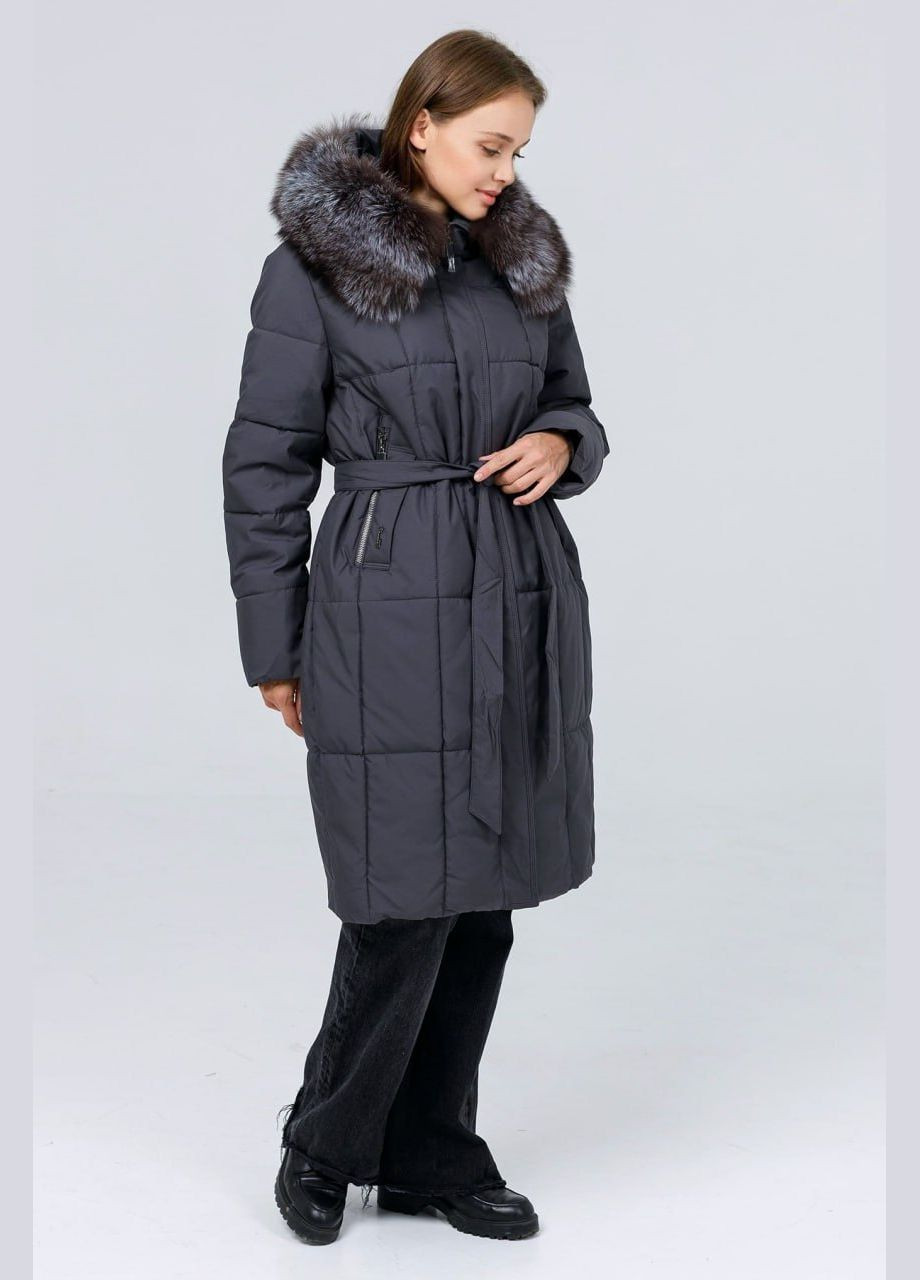 Темно-серая зимняя пуховик с натуральным мехом Lora