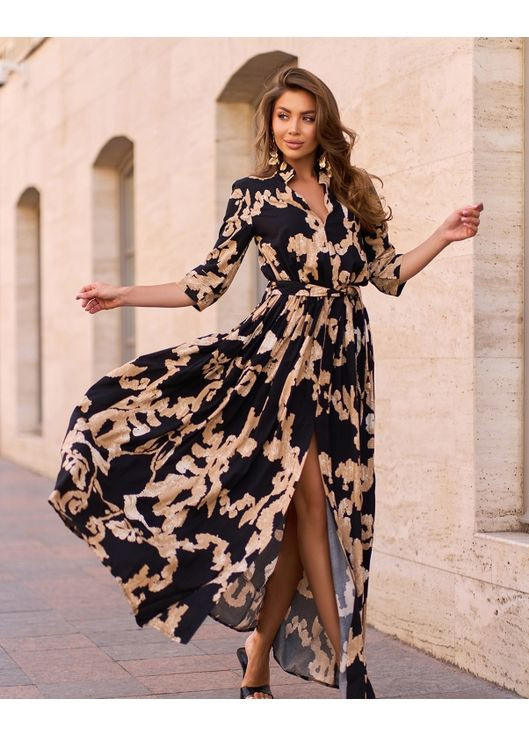 Чорна повсякденний чорна довга бавовняна сукня з розрізом кльош ISSA PLUS з абстрактним візерунком