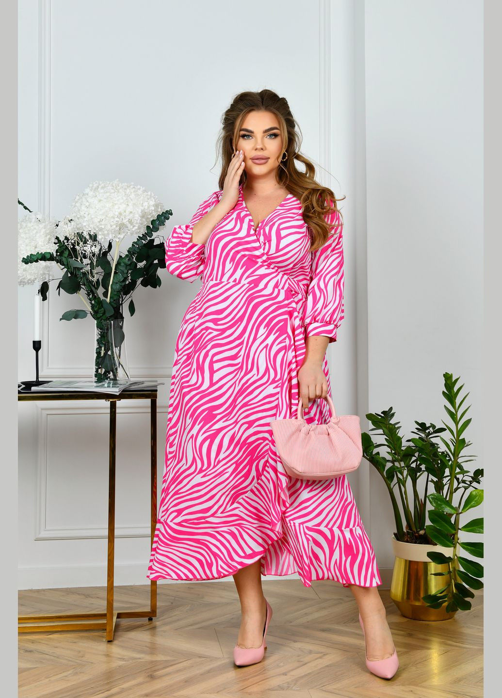 Рожева повсякденний сукня з поясом на запах на запах No Brand зебра