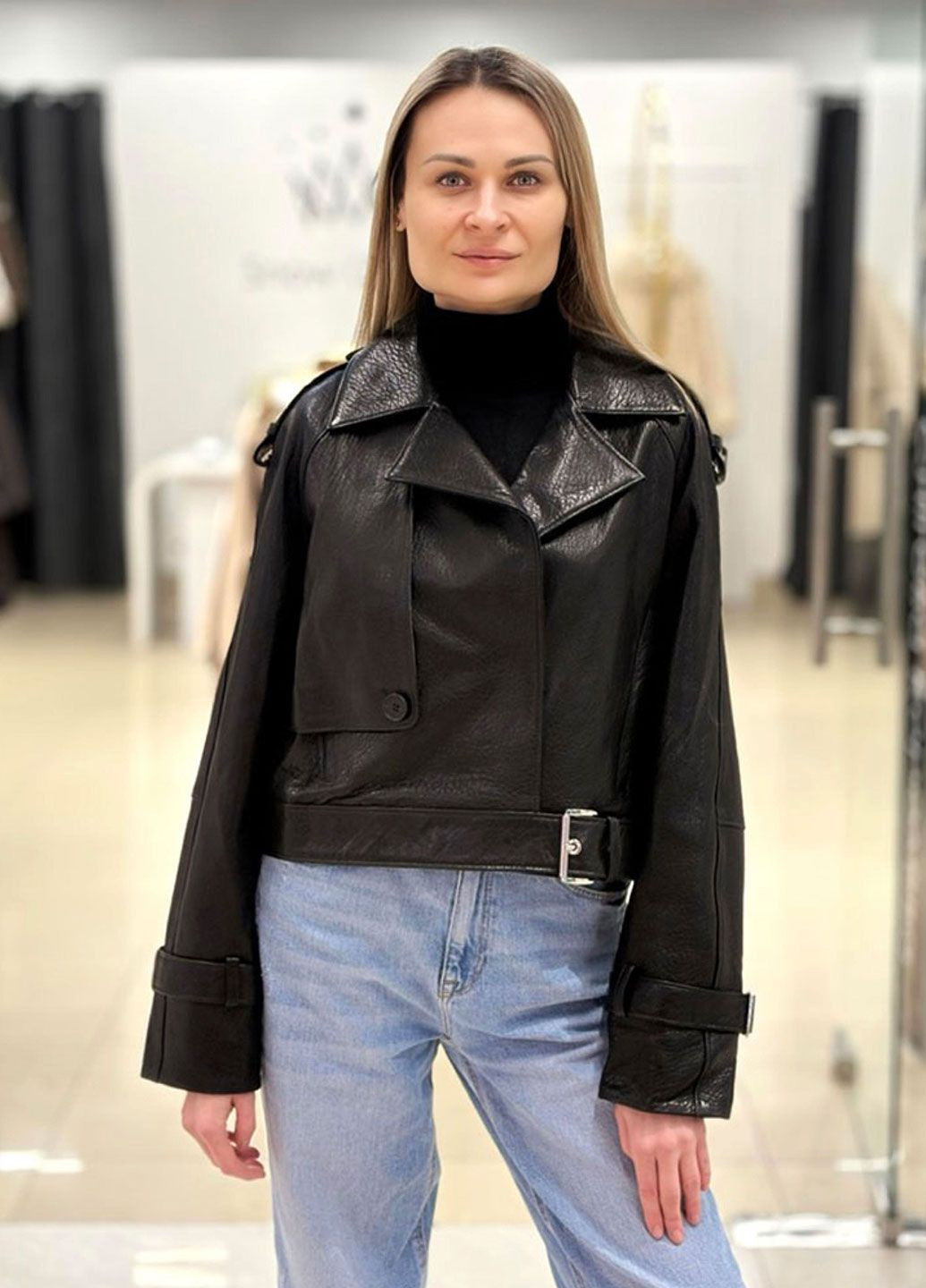 Чорна демісезонна жіноча куртка — авіатор зі шкіри joomba Ece