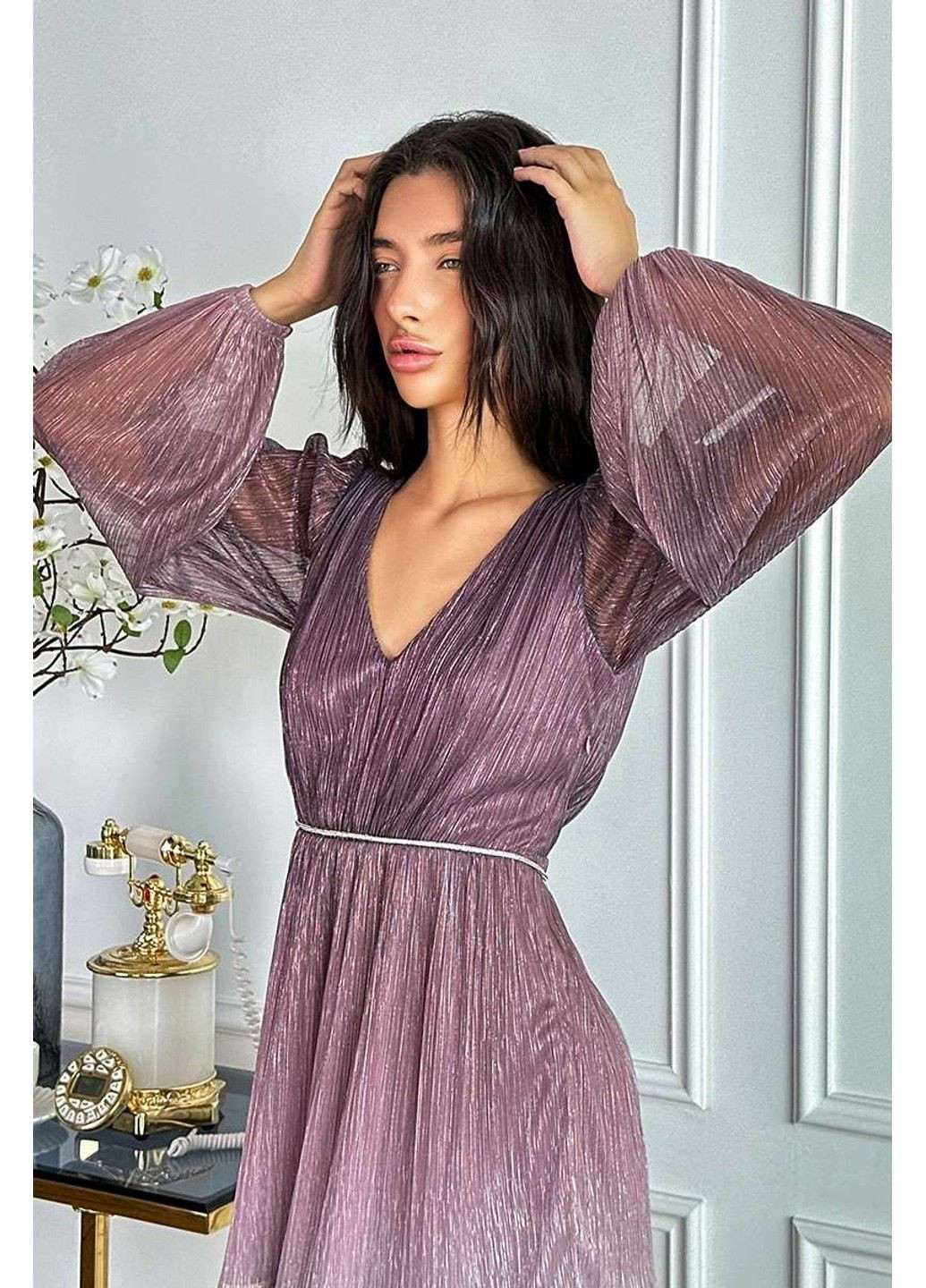 Розовое коктейльное платье сетка гофре 24024 розовая Tanita-Romario