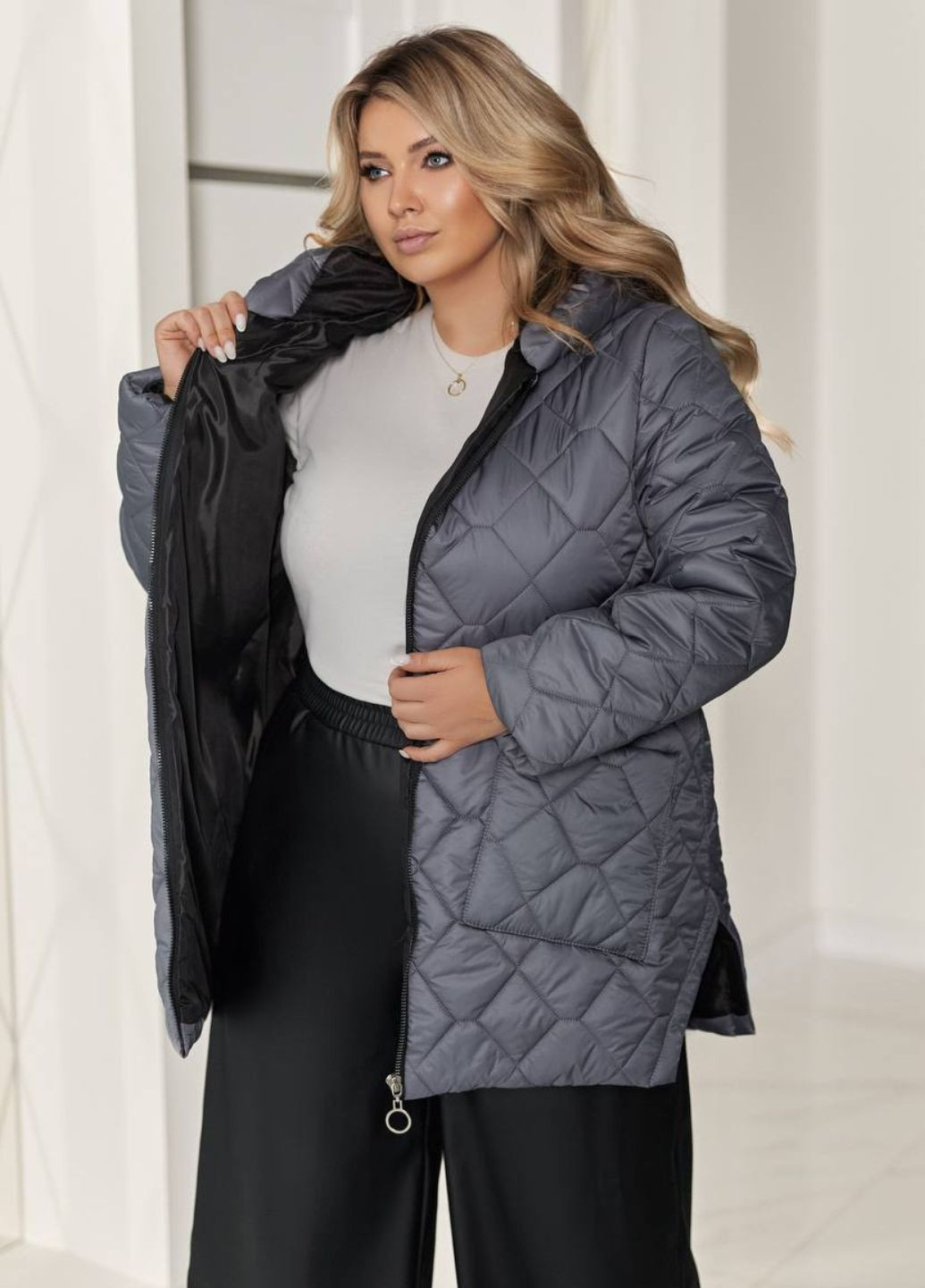 Графітова зимня базова повсякденна подовжена стьобана зимова курточка на блискавці з капюшоном Tik-Tak