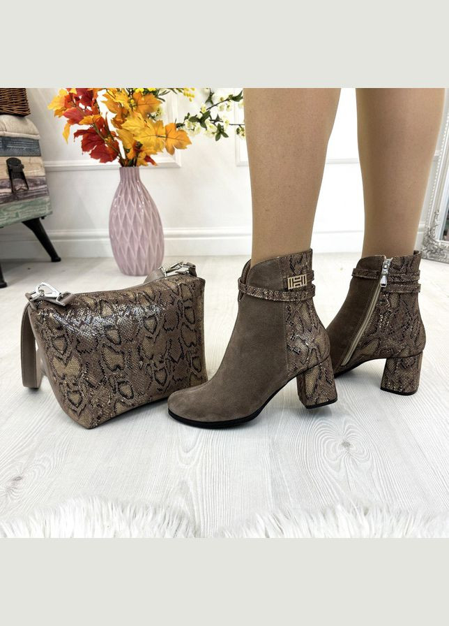 Черевики жіночі на стійких підборах. Натуральна бежева замша та шкіра пітон. 38 розмір Vasha para (311300729)