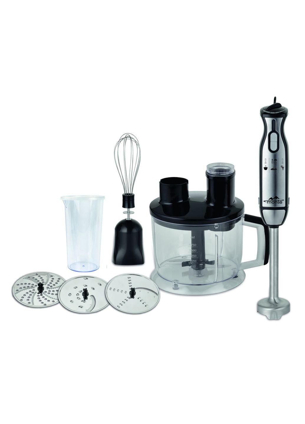Блендер1000ват/терки:деруни,груба,дрібна стружка,шинковка,подрібнювач 1,75 л,блен.,вінчик,стакан Monte (362215208)
