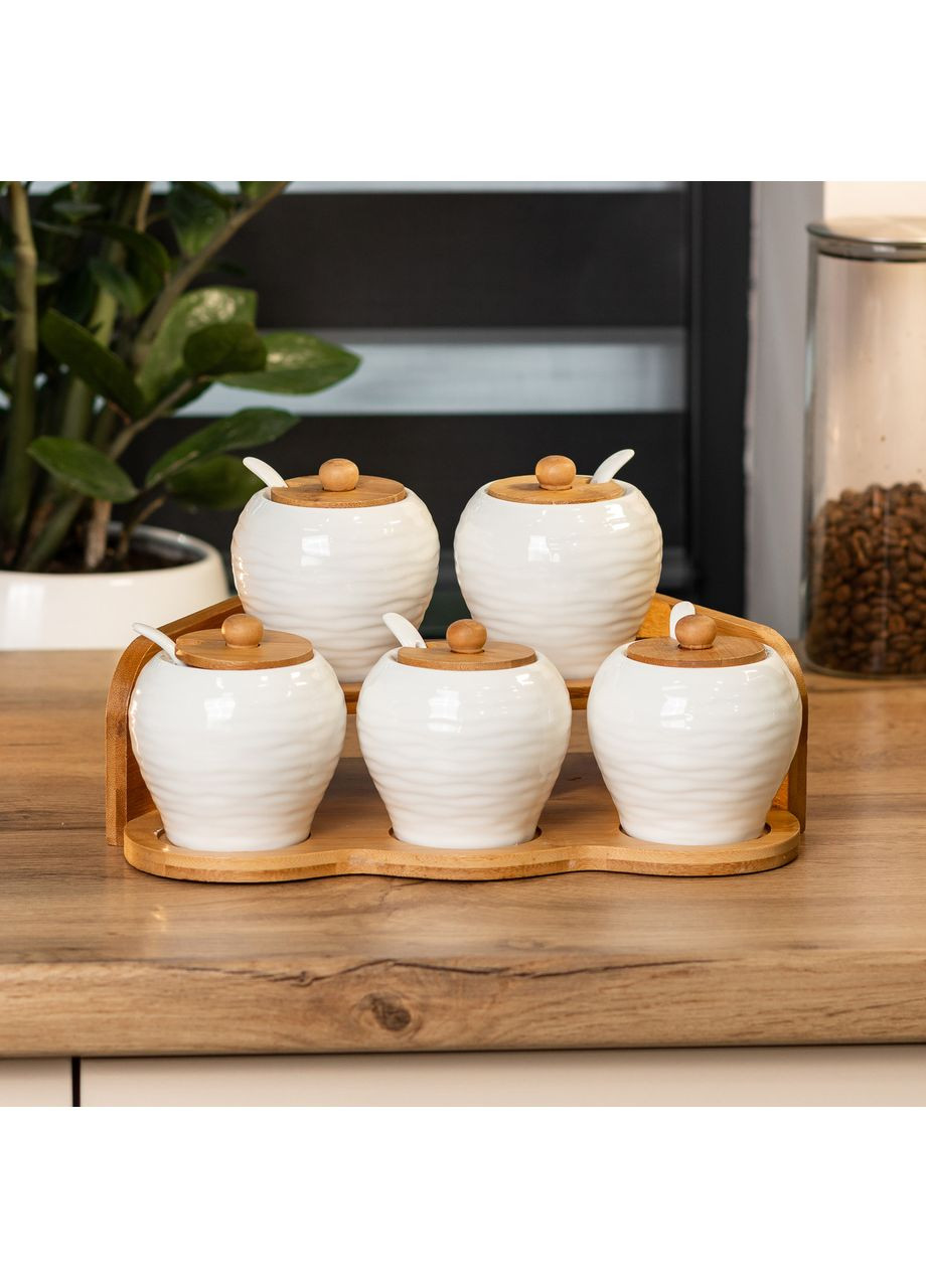 Набор баночек для сыпучих продуктов (5 шт по 250 мл) на бамбуковой подставке Белый Yiwu (360456786)