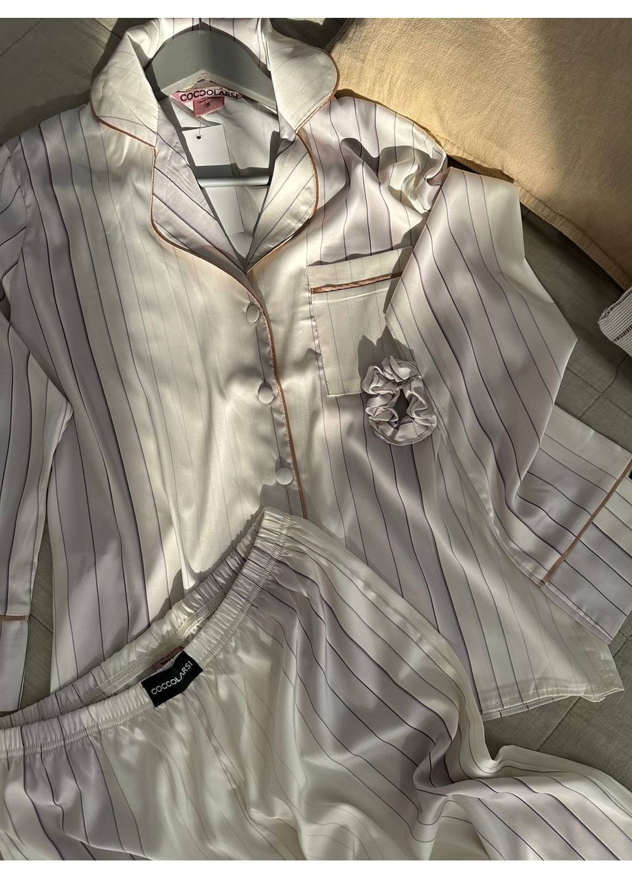 Белая всесезон женская пижама | белая с кантом рубашка + брюки Vital-Textile 1270